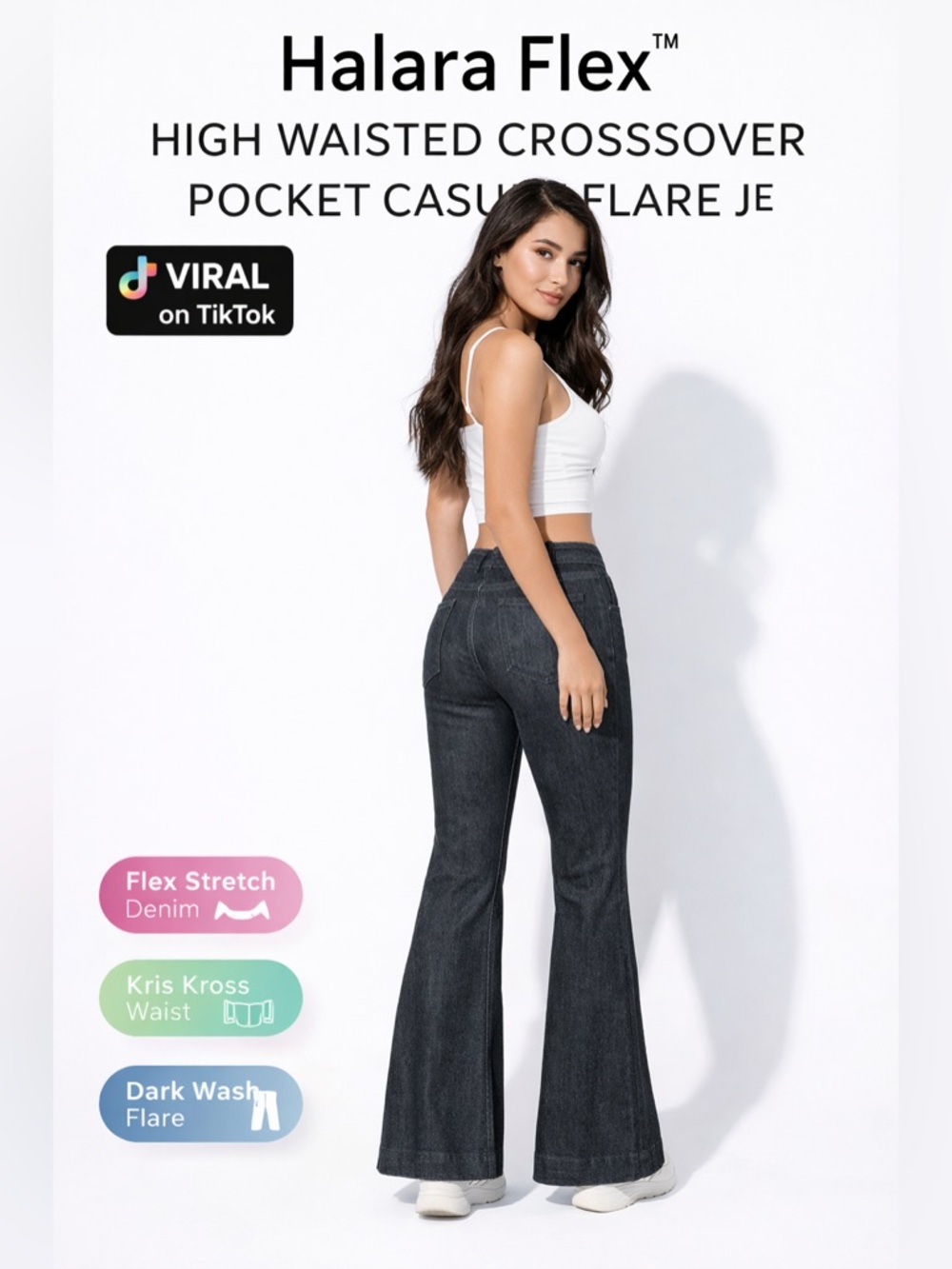 Halara Flex High Waisted Crossover Pocket Casual Flare Jeans Dark‎ Wash XS NWT